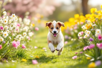 Happy playful funny pet dog running, jumping in spring between easter flowers. Puppy training in spring or summer.