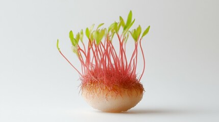 A sprouting onion with vibrant green shoots and pink roots, showcasing plant growth.