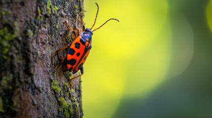 Firebug, Pyrrhocoris apterus, a common insect.  Close-up of a swarm of Bugs in nature. Red bugs crowd on on a tree trunk. Selected focus, top view