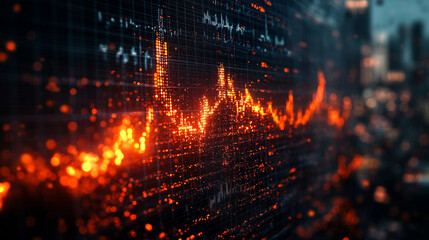 Black bar graph engulfed in flames and sparks with a dark background of digital financial charts minimalistic bright tone modern blurred empty space symbolizing chaos and volatility

