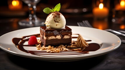Exquisite chocolate dessert masterfully presented in a refined fine dining atmosphere evoking a sensory experience of indulgence and culinary delight