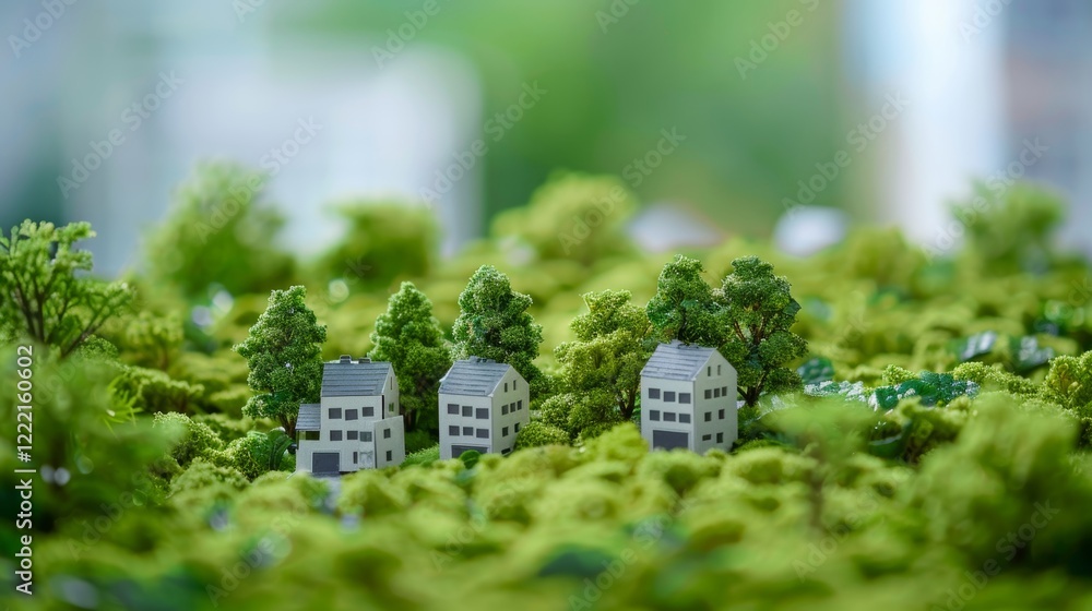 Poster sustainable architecture integrating greenery and paper structures on a light background