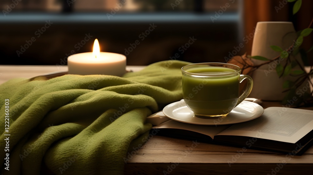 Poster cozy autumn afternoon spent enjoying a warm cup of green tea a captivating book and a soft wool blan