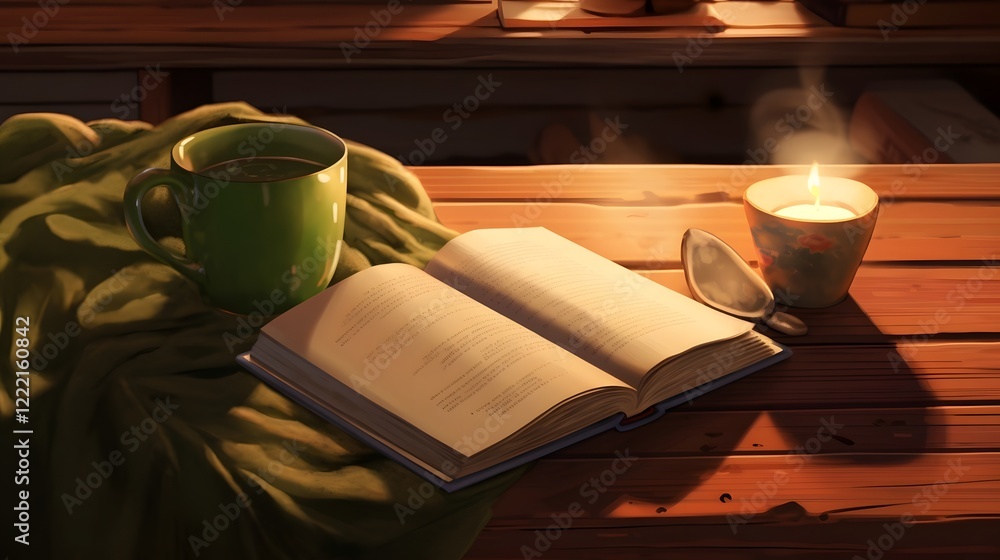 Poster cozy and serene scene with a green tea cup an open book and a soft wool blanket resting on a wooden 