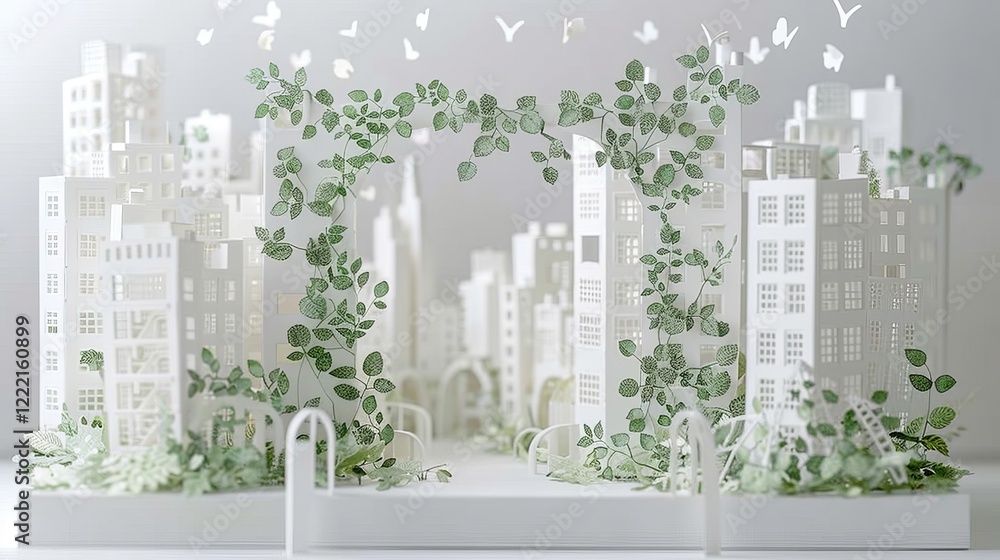Poster exploring sustainable architecture integrating greenery and innovative paper structures in design
