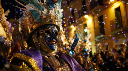Obraz premium Tarragona Carnival, a large parade with floats decorated with Spanish mythological statues, Ai generated images