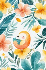 Colorful Bird Surrounded by Tropical Flowers and Leaves Design