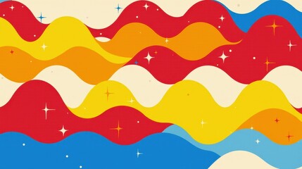 A vibrant abstract design with dynamic, overlapping wave-like forms in bold red, yellow, and blue, creating a playful and celebratory mood.