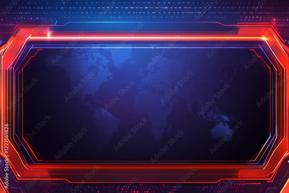 Poster futuristic world map display with red and blue neon frame