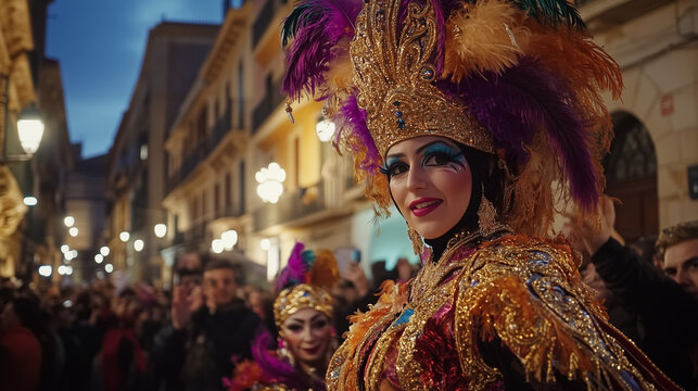 Tarragona Carnival Spain, a grand parade with colorful costumes full of feathers and gold ornaments, Ai generated images