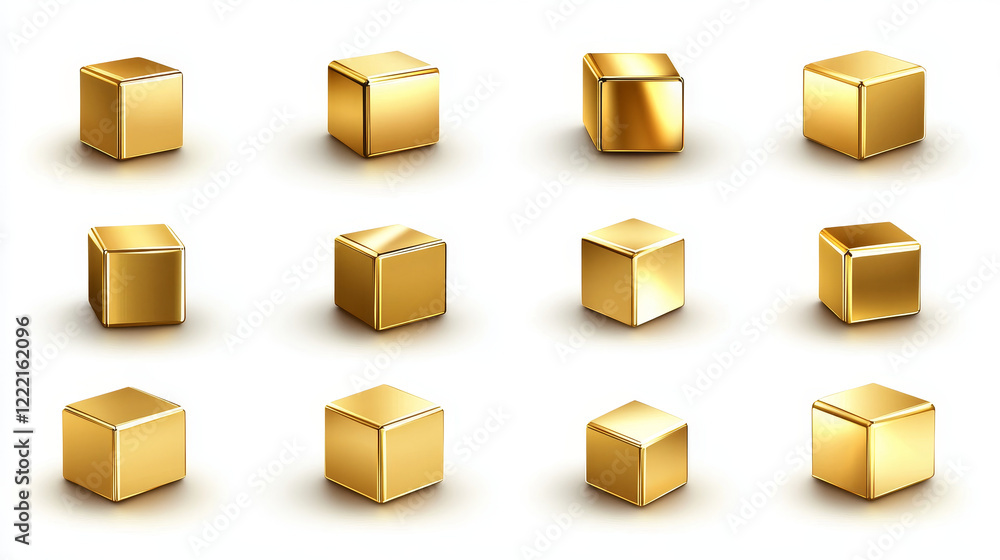 Poster gold cube, 3d square golden box in front and perspective views. vector realistic set of yellow metal