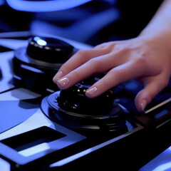 Obraz premium close up of hand interacting with motion sensing gaming device, showcasing sleek design and modern technology. device features knobs and buttons for immersive gaming experience