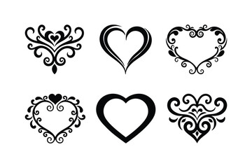 Heart shapes, ornate designs, black and white, vintage filigree, decorative patterns, symmetrical motifs, floral elements