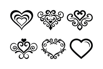 Heart shapes, ornate designs, black and white, vintage filigree, decorative patterns, symmetrical motifs, floral elements