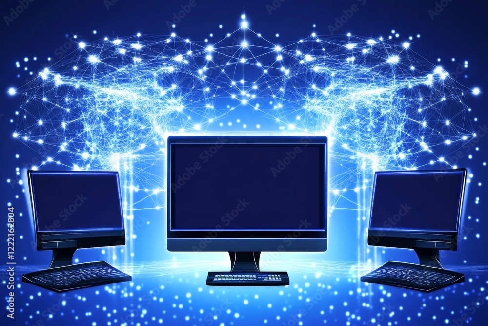 Poster network connection: three computers connected through a digital network