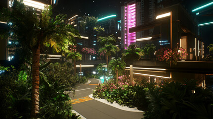 Naklejka premium Future city, night town with skyscrapers and futuristic buildings with neon lights. Vector cartoon illustration of cityscape with cyberpunk architecture, plants, trees and crossroad