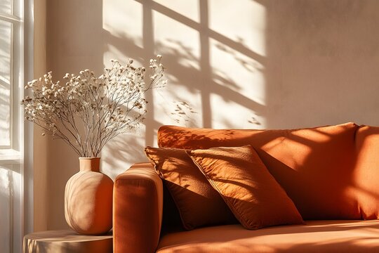 Fototapeta Sunlit orange sofa with dried flowers in terracotta vase.