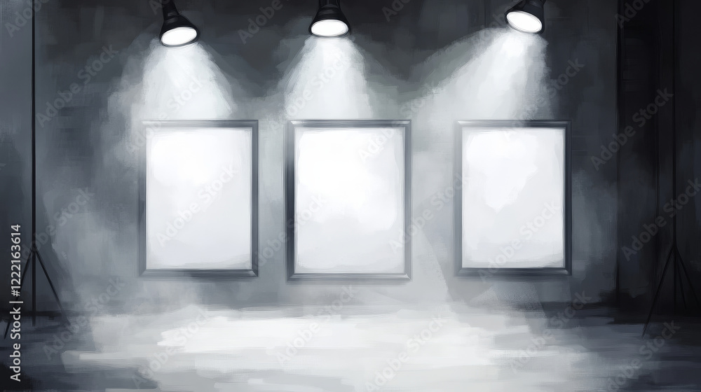 Aufkleber empty gallery with blank picture frames illuminated by spotlights. vector realistic interior of muse