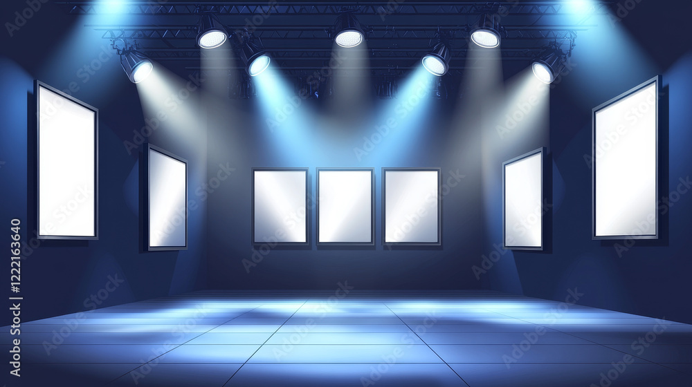 Poster empty gallery with blank picture frames illuminated by spotlights. vector realistic interior of muse