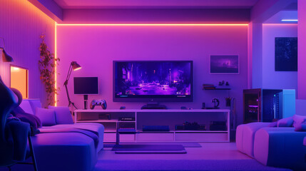 Night gamer room with neon screen and computer vector background. Video game stream office with light and purple interior illustration. Living lounge with console, joystick and playing setup.