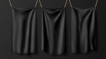 Blank canvas banners mockup. Horizontal fabric flags, textile sheet hanging on ropes. Empty black cloth placards with folds isolated on transparent background, vector realistic set