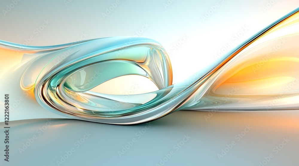 Poster light blue and green abstract background with smooth curves and glass-like shapes in yellow and whit