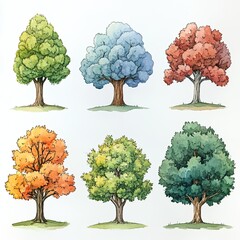 Watercolor illustration of six trees representing the four seasons.
