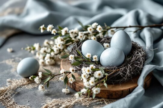 Gray-blue Easter eggs and willow branch on rustic fabric
