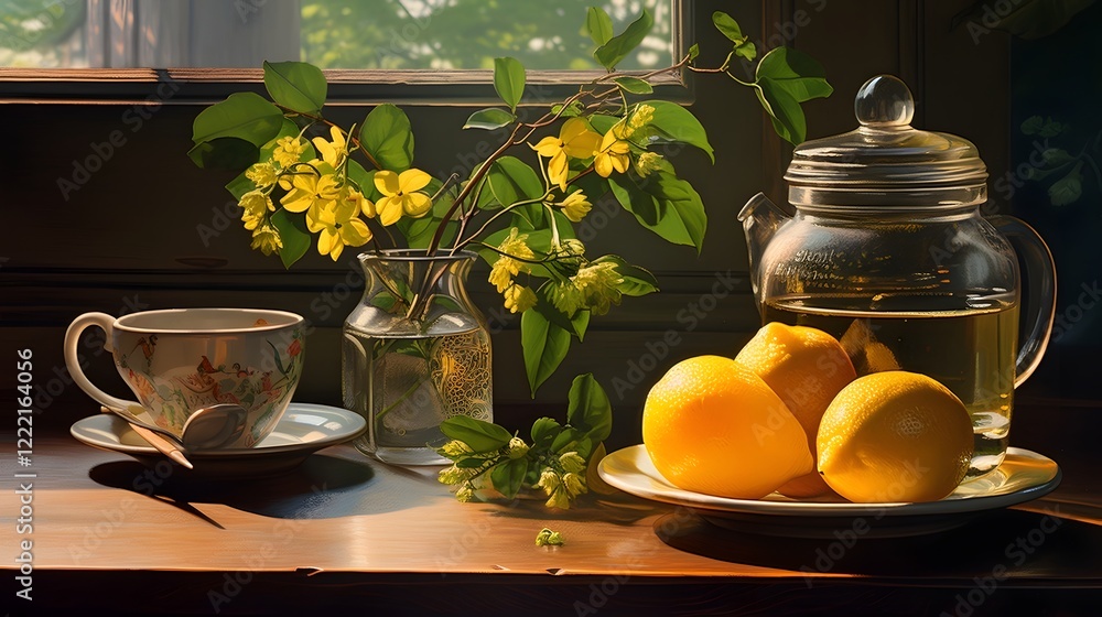 Poster peaceful morning scene featuring a display of green tea freshly sliced lemon and a drizzle of golden