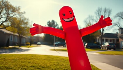 Red Inflatable Tube Man Waving in Suburban Street on Sunny Day