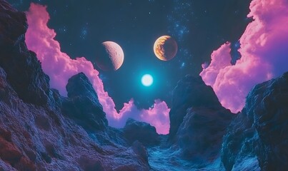 Surreal alien landscape with pink clouds, glowing moon, and planets.