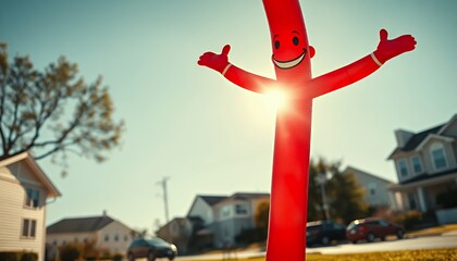 Red Inflatable Tube Man Waving in Sunny Suburban Neighborhood