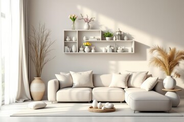 Sunny and design interior of living room with easter decorations, tulips, modular sofa, shelf, pillows and elegant accessories. Home decor. Easter holidays..
