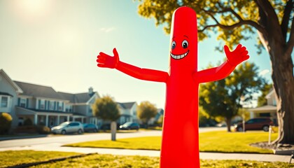 Red Inflatable Tube Man Welcoming on Sunny Suburban Street