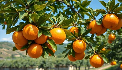 Ripe Oranges on a Branch in a Sunny Orchard