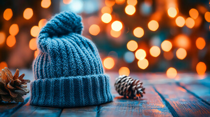 Beanie hat on top of an old wooden table. With colorful Christmas lights