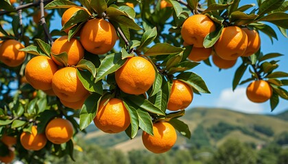Ripe Oranges on a Branch in Sunny Orchard
