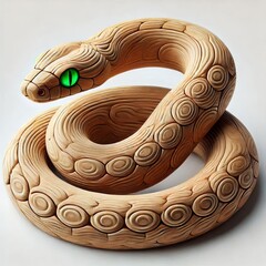 Intricately Carved Wooden Snake Sculpture with Green Eyes and Spiral Patterns