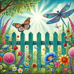 Vibrant Garden Scene with Colorful Flowers, Dragonfly, and Butterfly Near a Green Wooden Fence