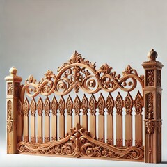 Ornate Wooden Fence Panel with Intricate Carvings and Decorative Columns