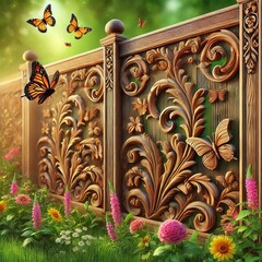 Decorative Wooden Fence Panels with Intricate Floral Carvings and Butterflies in Garden Setting