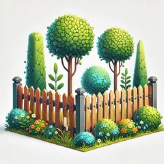 Garden Corner with Wooden Fence, Green Trees, and Colorful Bushes