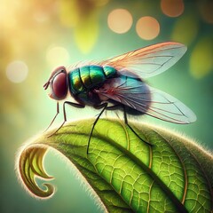 Vivid Close-Up of a Metallic Green Fly on a Curled Leaf in Sunlight