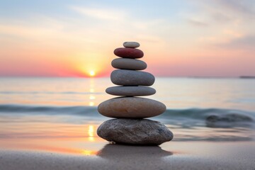 Spirituality healing gray stones Stacking spirituality outdoors sunset.