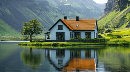 Obraz premium Dream House by the Lake: Serene Lakeside Home nestled in a Mountain Valley