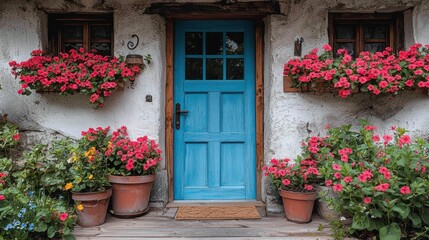 Charming Alpine Cottage with Vibrant Flowers and a Blue Door