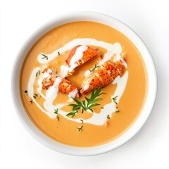 A bowl of creamy lobster bisque with a drizzle of cream, isolated white background, modern art style