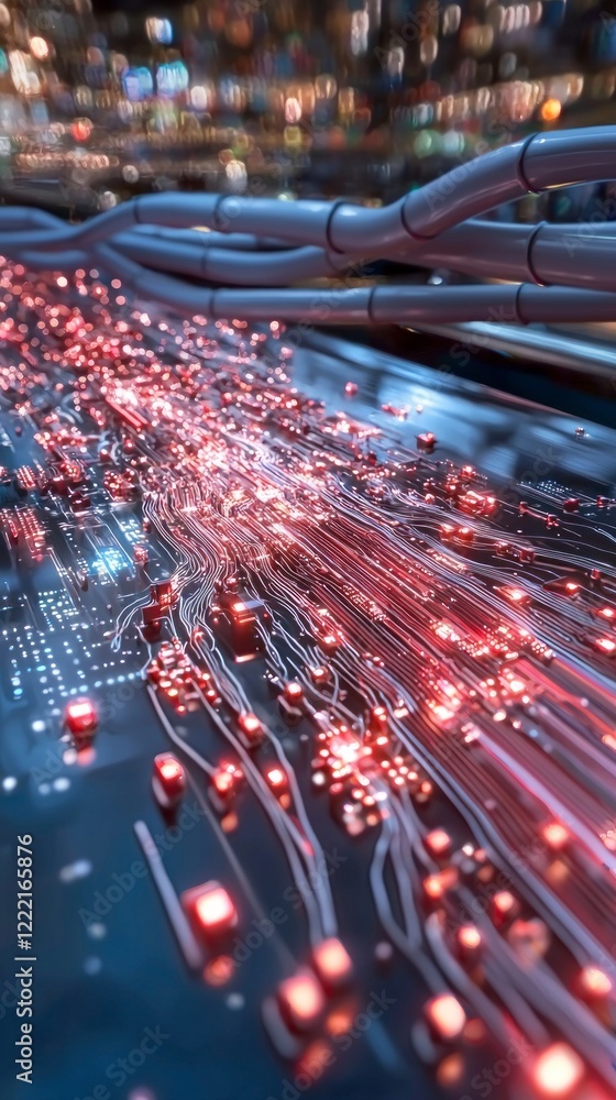 Poster futuristic circuit board red glowing lines technology data stream digital network abst