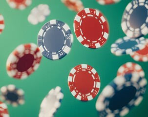 flying casino poker chips, on a green background, generative ai