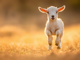 Fototapeta premium baby goat joyfully leaps through sunlit grassy field, showcasing its playful spirit and curiosity. warm glow of sunlight enhances scene charm and liveliness